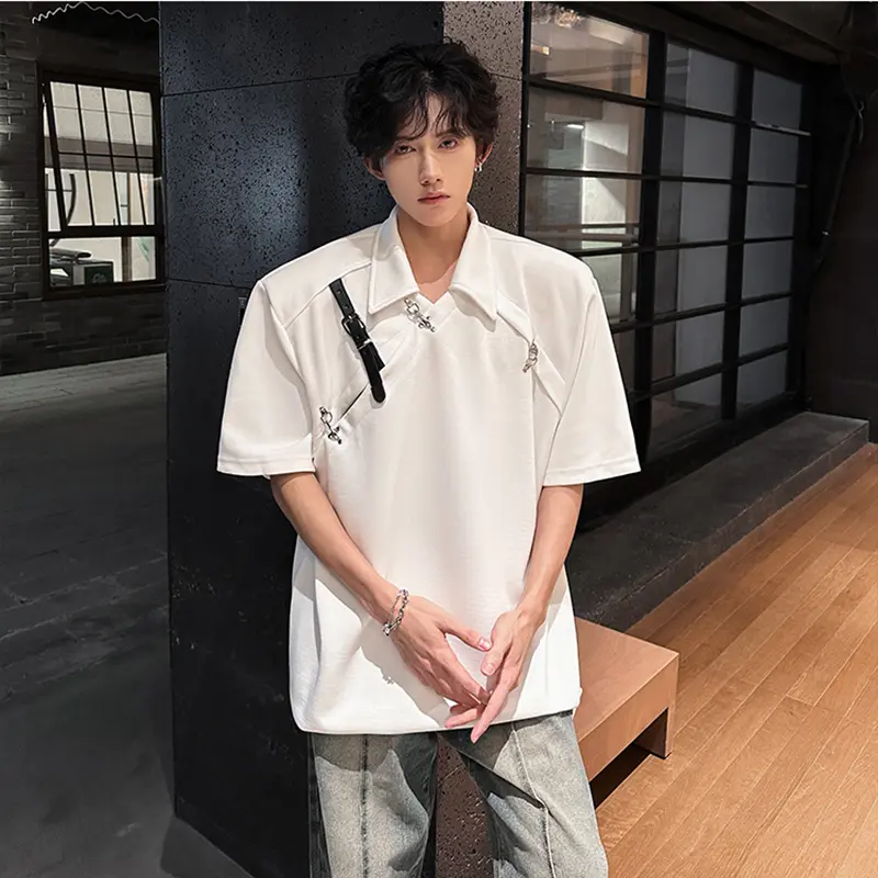 IEFB Men's T-shirts New Korean Style Metal Belt Buckle Design Shoulder Pad Trendy Turn-down Collar Stylish Male Tops 9W1917