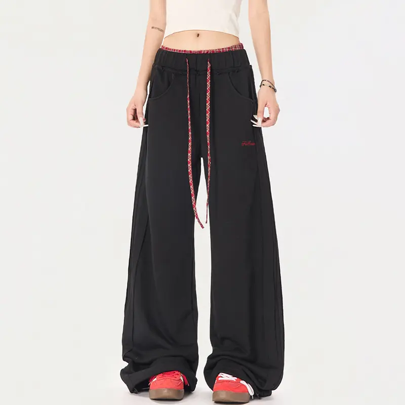 IEFB High Waisted Wide Leg Sports Men's Sweatpants Contrast Color Lace-up Elastic Waist Couple Pants Straight Bottoms 9W2321