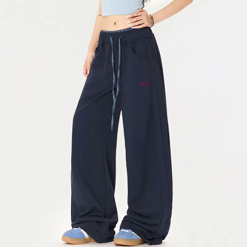 IEFB High Waisted Wide Leg Sports Men's Sweatpants Contrast Color Lace-up Elastic Waist Couple Pants Straight Bottoms 9W2321