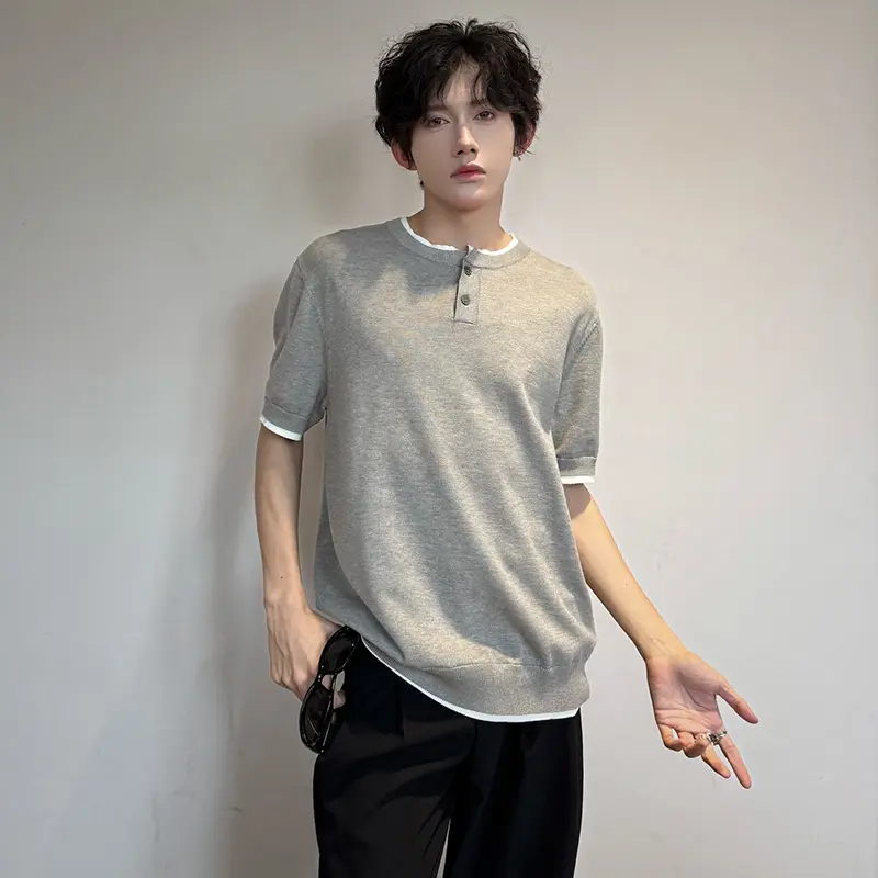 IEFB Men's T-shirts Short Sleeve Round Collar Fake Two-piece Spliced Button Knit Design Ice Male Pullover Clothing 9W1749