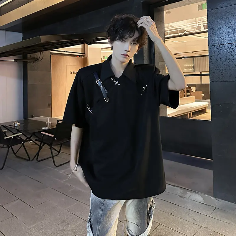 IEFB Men's T-shirts New Korean Style Metal Belt Buckle Design Shoulder Pad Trendy Turn-down Collar Stylish Male Tops 9W1917