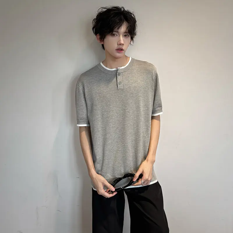 IEFB Men's T-shirts Short Sleeve Round Collar Fake Two-piece Spliced Button Knit Design Ice Male Pullover Clothing 9W1749