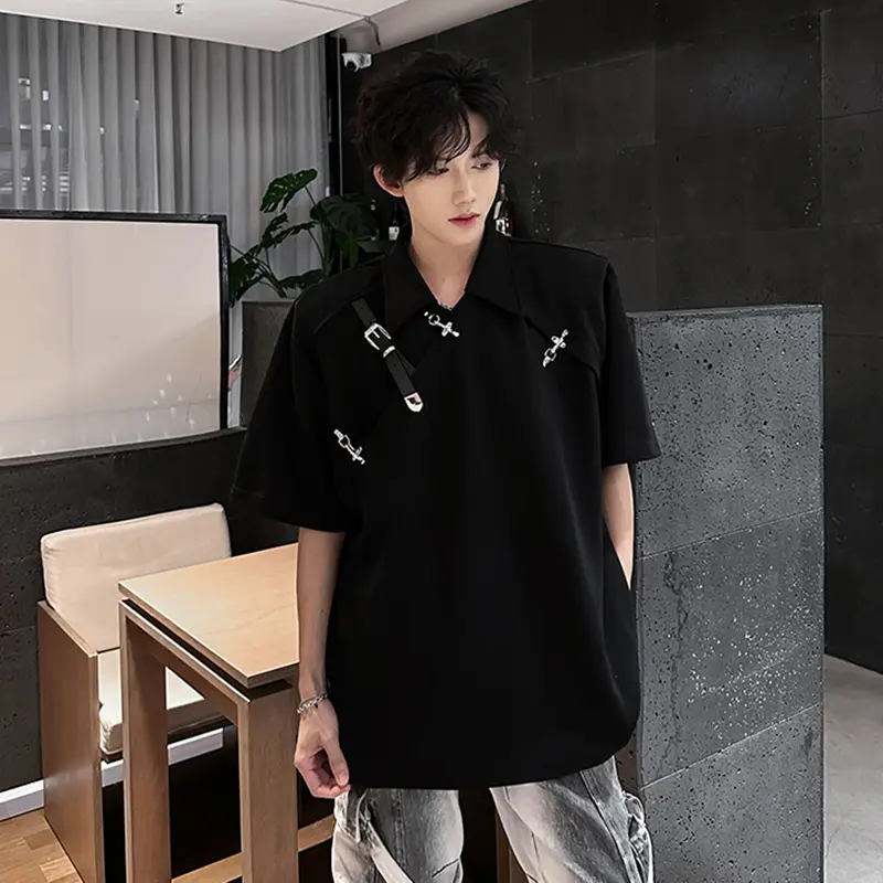 IEFB Men's T-shirts New Korean Style Metal Belt Buckle Design Shoulder Pad Trendy Turn-down Collar Stylish Male Tops 9W1917
