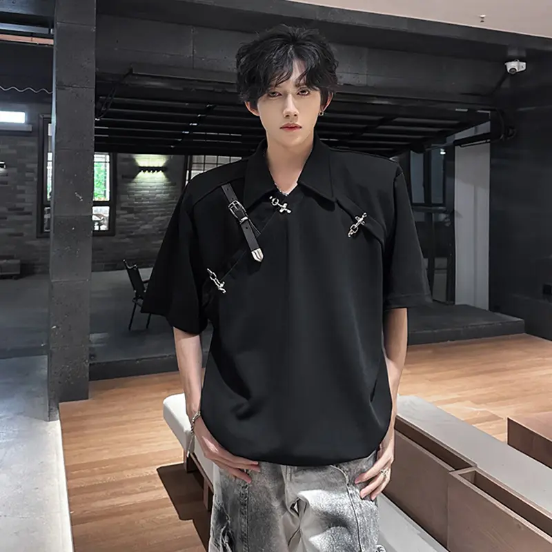IEFB Men's T-shirts New Korean Style Metal Belt Buckle Design Shoulder Pad Trendy Turn-down Collar Stylish Male Tops 9W1917