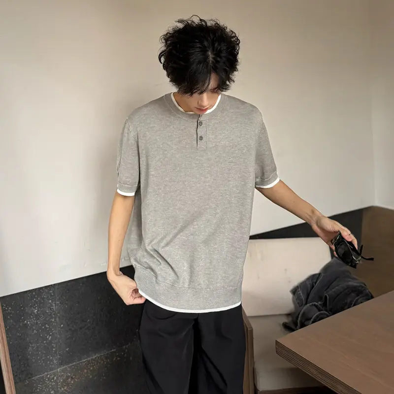 IEFB Men's T-shirts Short Sleeve Round Collar Fake Two-piece Spliced Button Knit Design Ice Male Pullover Clothing 9W1749