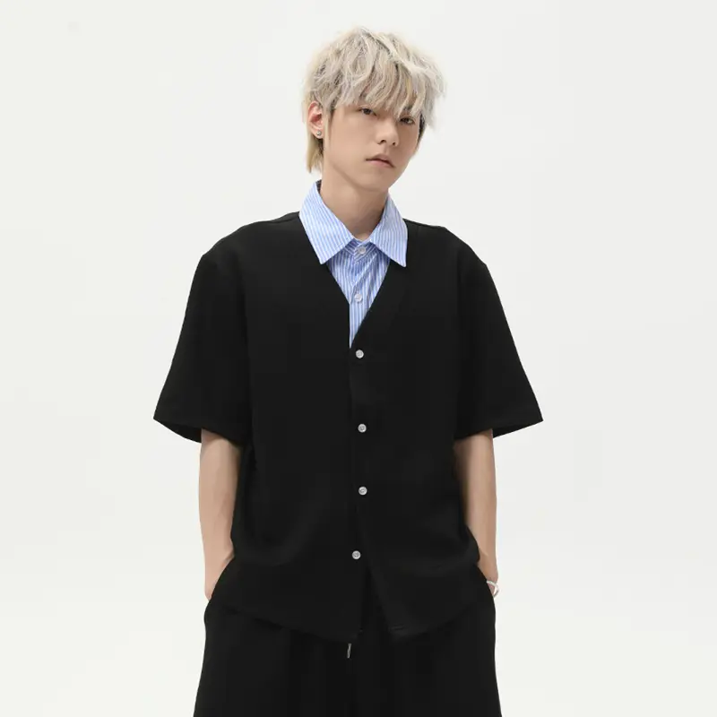 IEFB New Trendy Men Casual T-shirt Short Sleeve Patchwork Stripe Contrast Color Lapel Men's Korean Fake Two-piece Top 9W3016