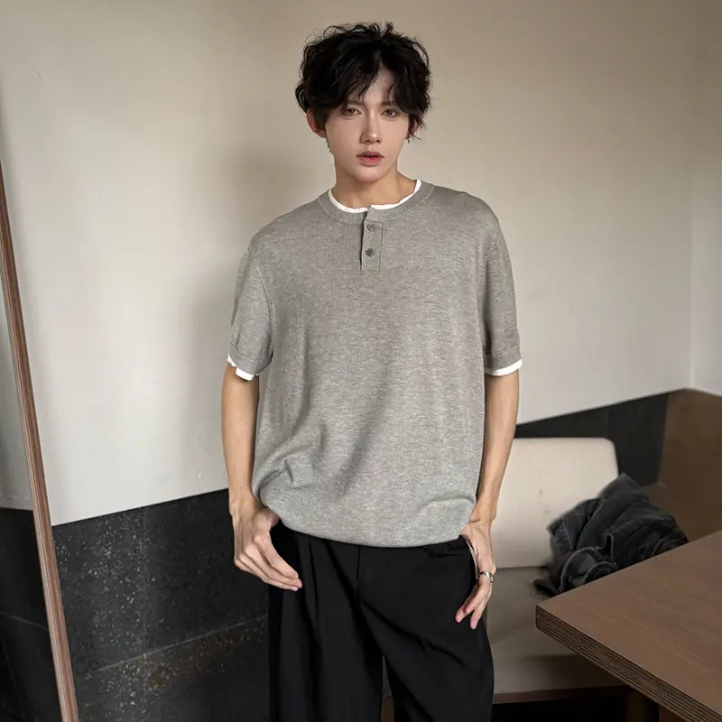 IEFB Men's T-shirts Short Sleeve Round Collar Fake Two-piece Spliced Button Knit Design Ice Male Pullover Clothing 9W1749