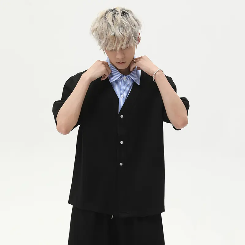 IEFB New Trendy Men Casual T-shirt Short Sleeve Patchwork Stripe Contrast Color Lapel Men's Korean Fake Two-piece Top 9W3016