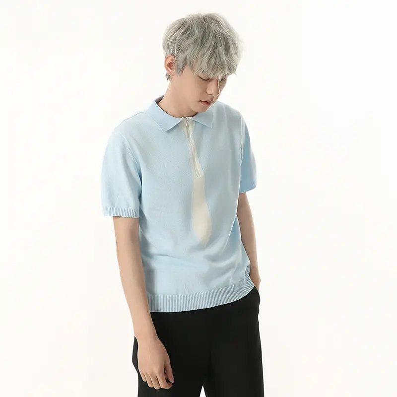 IEFB Niche Design Men's T-shirts Turn-down Collar Fake Tie Short Sleeved Contrast Color Knitting Pullover Male Tees Trend 9W1105