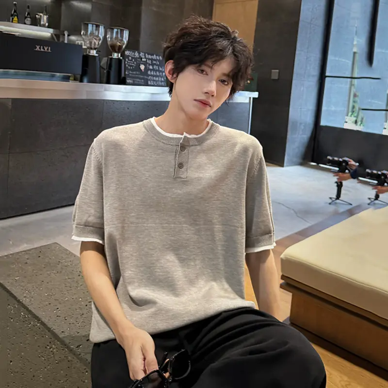 IEFB Men's T-shirts Short Sleeve Round Collar Fake Two-piece Spliced Button Knit Design Ice Male Pullover Clothing 9W1749