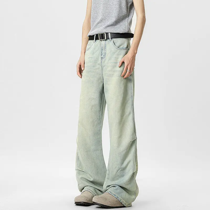 IEFB New Summer Men's Jeans Washing Mud Dying Solid Color Cleanfit Pants Casual Wide Leg Loose Male Denim Trousers Chic 9W3404