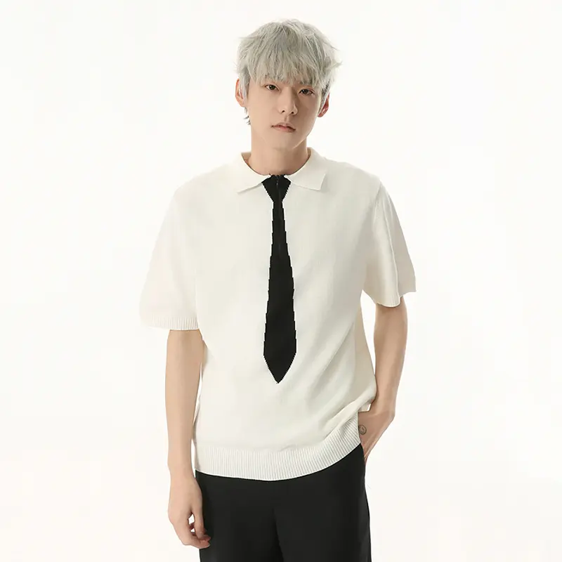 IEFB Niche Design Men's T-shirts Turn-down Collar Fake Tie Short Sleeved Contrast Color Knitting Pullover Male Tees Trend 9W1105