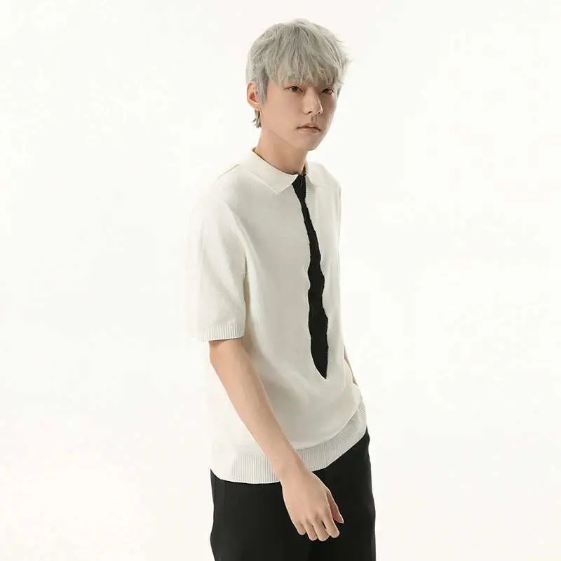 IEFB Niche Design Men's T-shirts Turn-down Collar Fake Tie Short Sleeved Contrast Color Knitting Pullover Male Tees Trend 9W1105