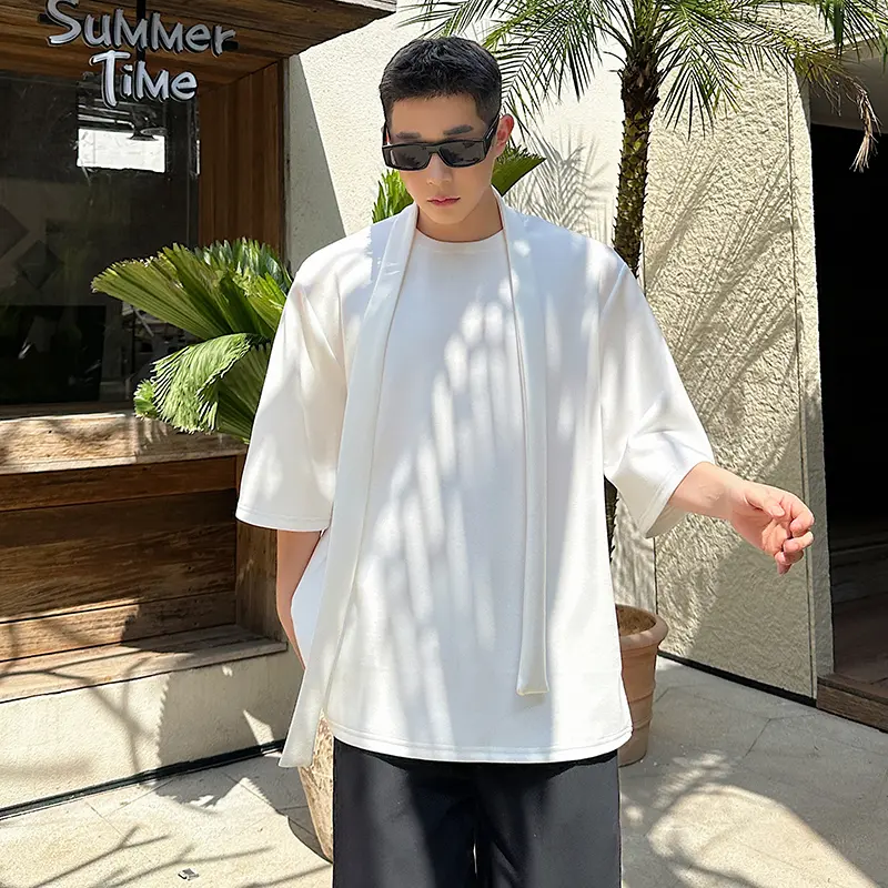 IEFB Men's T-shirts Short Sleeve New Summer Korean Style Solid Color Ribbon Trendy Pullover Round Neck Stylish Male Tops 9W2018