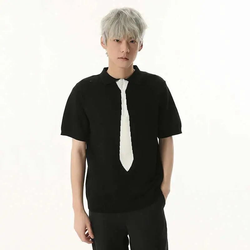 IEFB Niche Design Men's T-shirts Turn-down Collar Fake Tie Short Sleeved Contrast Color Knitting Pullover Male Tees Trend 9W1105