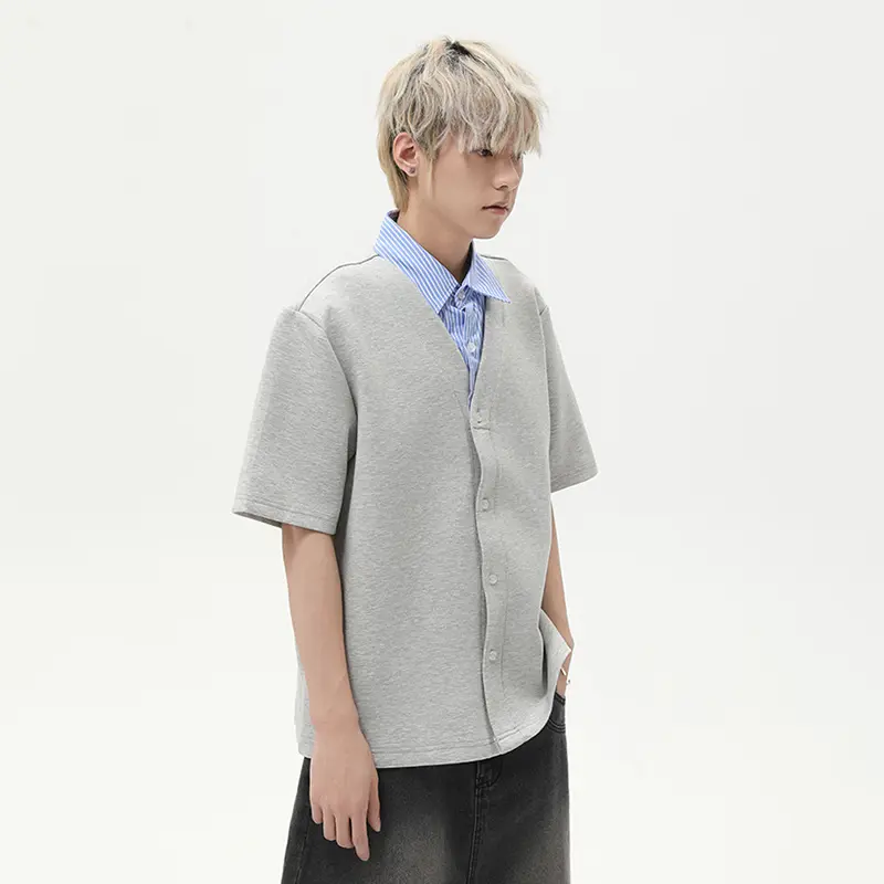 IEFB New Trendy Men Casual T-shirt Short Sleeve Patchwork Stripe Contrast Color Lapel Men's Korean Fake Two-piece Top 9W3016