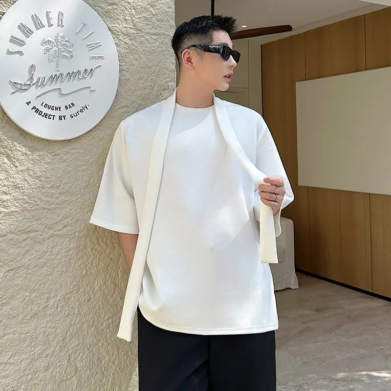 IEFB Men's T-shirts Short Sleeve New Summer Korean Style Solid Color Ribbon Trendy Pullover Round Neck Stylish Male Tops 9W2018