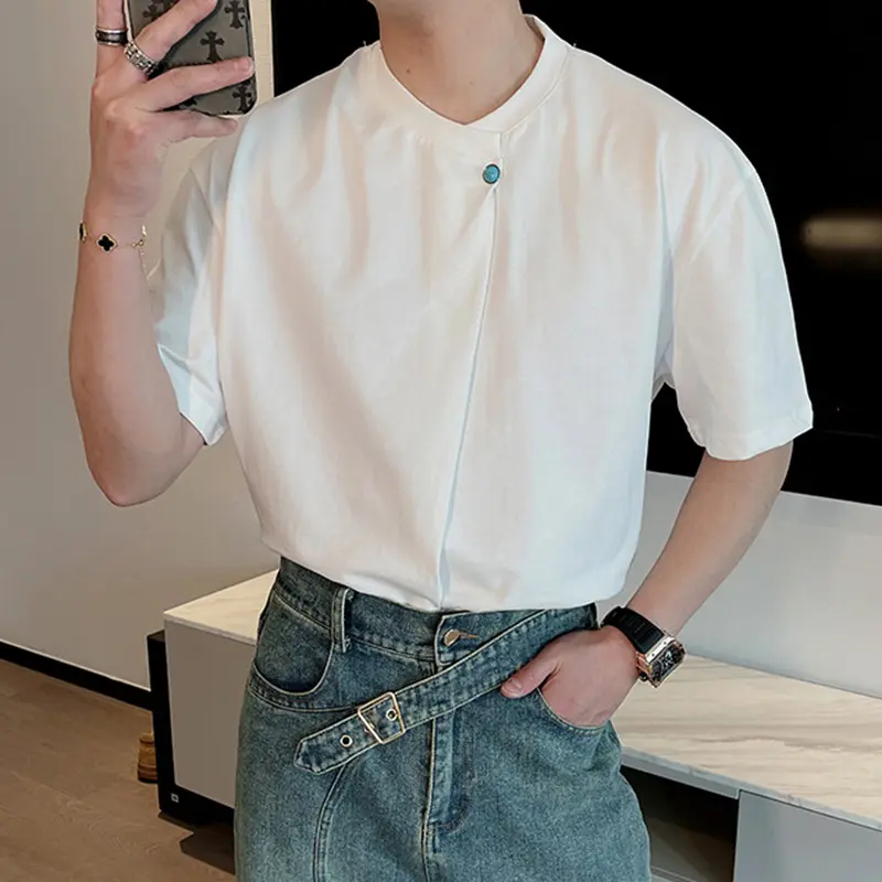 IEFB Round Collar Men's T-shirts Korean Style Pleated Design Short Sleeved Tops Loose Pullover Male Simple Tees Summer 9W2399