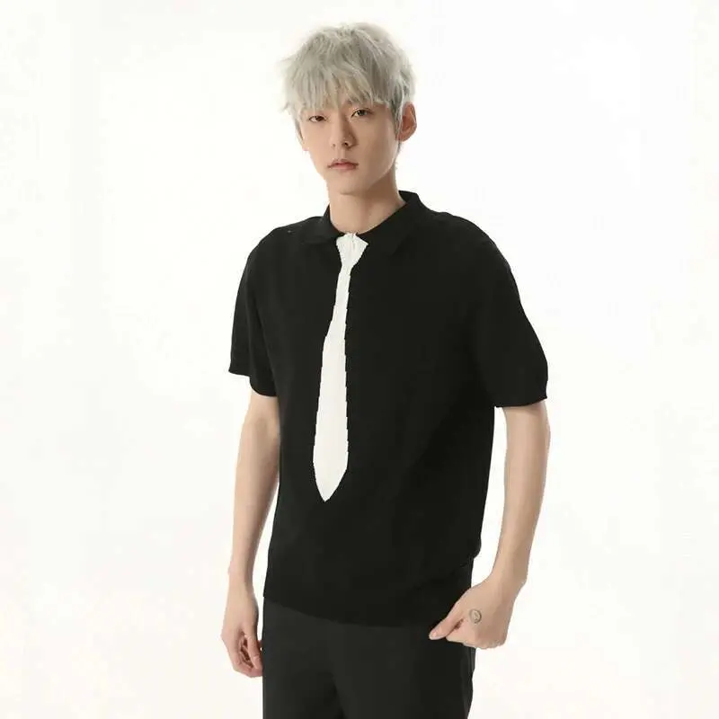IEFB Niche Design Men's T-shirts Turn-down Collar Fake Tie Short Sleeved Contrast Color Knitting Pullover Male Tees Trend 9W1105
