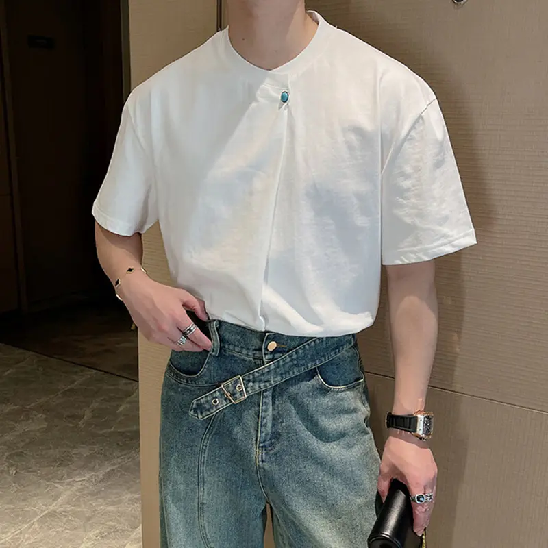 IEFB Round Collar Men's T-shirts Korean Style Pleated Design Short Sleeved Tops Loose Pullover Male Simple Tees Summer 9W2399