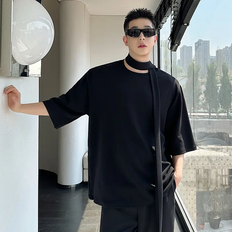 IEFB Men's T-shirts Short Sleeve New Summer Korean Style Solid Color Ribbon Trendy Pullover Round Neck Stylish Male Tops 9W2018