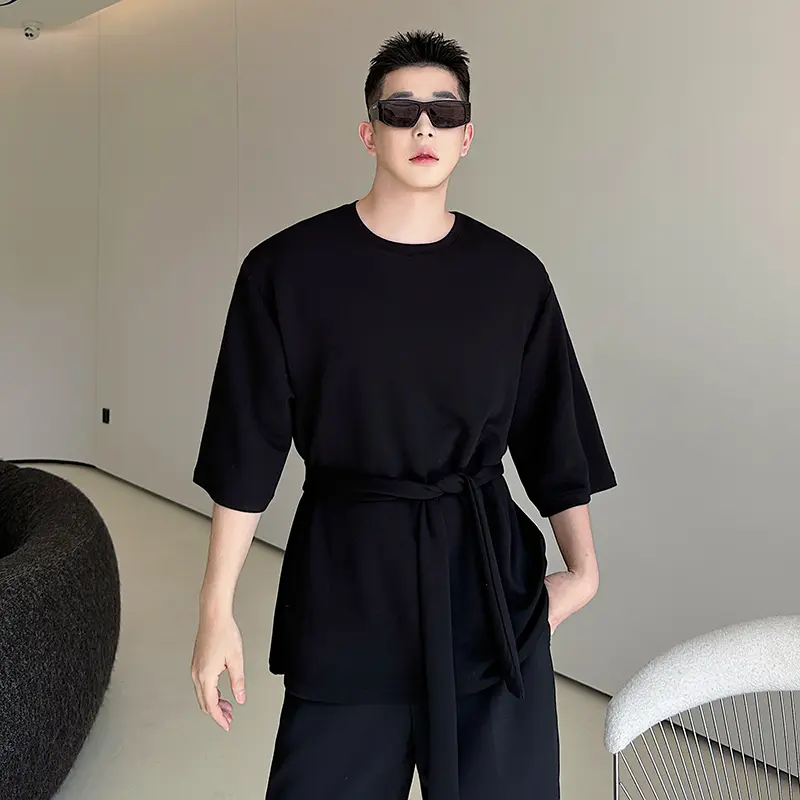 IEFB Men's T-shirts Short Sleeve New Summer Korean Style Solid Color Ribbon Trendy Pullover Round Neck Stylish Male Tops 9W2018