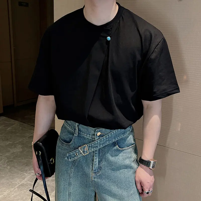 IEFB Round Collar Men's T-shirts Korean Style Pleated Design Short Sleeved Tops Loose Pullover Male Simple Tees Summer 9W2399