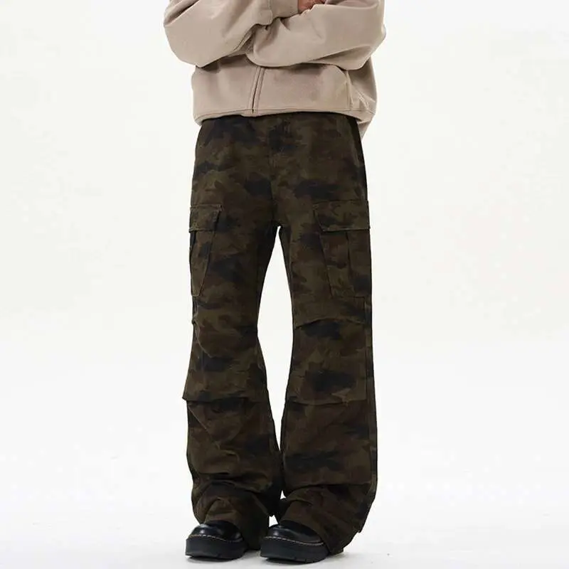 IEFB Men's Cargo Pants Pleated Loose Straight Leg Stylish New American Style Multi Pockets Design Male Handsome Bottoms 9W2028