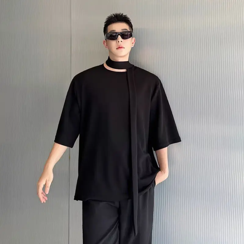 IEFB Men's T-shirts Short Sleeve New Summer Korean Style Solid Color Ribbon Trendy Pullover Round Neck Stylish Male Tops 9W2018