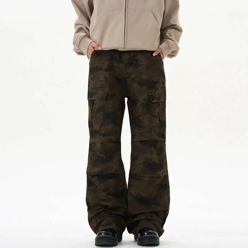 IEFB Men's Cargo Pants Pleated Loose Straight Leg Stylish New American Style Multi Pockets Design Male Handsome Bottoms 9W2028