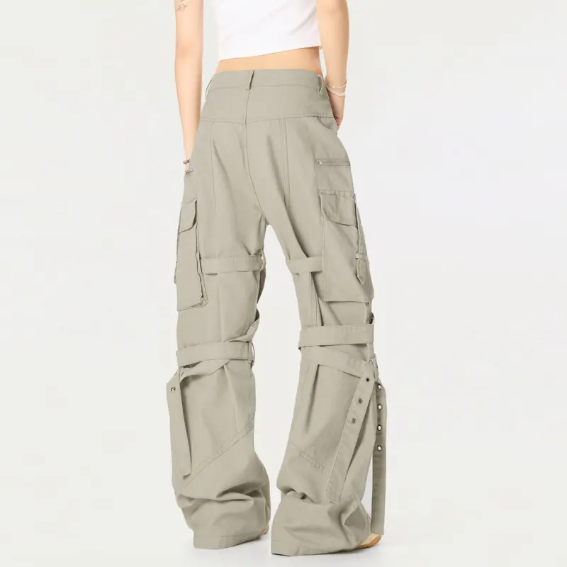 IEFB Ribbon Design Men's Cargo Pants Solid Color Zipper Patchwork Pockets Loose Bottom Straight Leg Loose Male Trousers 9W2675