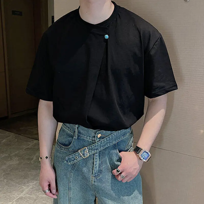 IEFB Round Collar Men's T-shirts Korean Style Pleated Design Short Sleeved Tops Loose Pullover Male Simple Tees Summer 9W2399