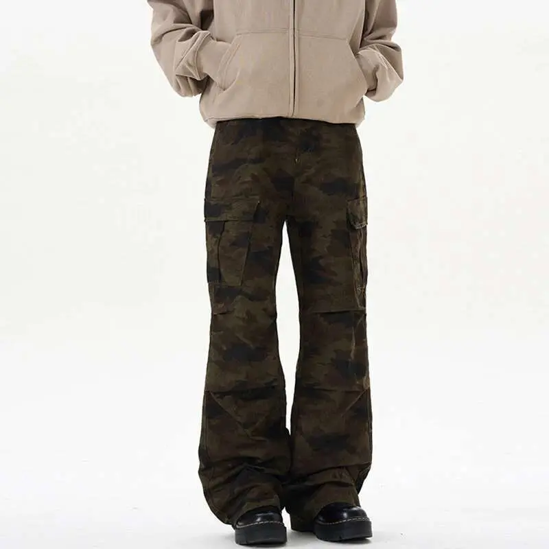 IEFB Men's Cargo Pants Pleated Loose Straight Leg Stylish New American Style Multi Pockets Design Male Handsome Bottoms 9W2028