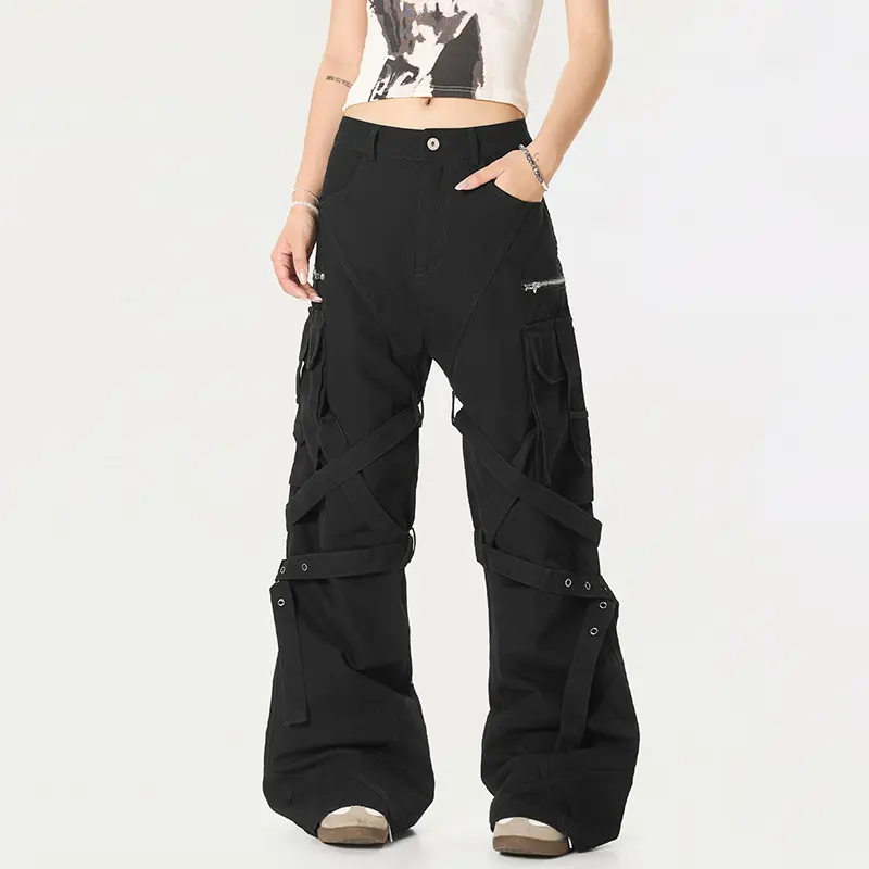 IEFB Ribbon Design Men's Cargo Pants Solid Color Zipper Patchwork Pockets Loose Bottom Straight Leg Loose Male Trousers 9W2675