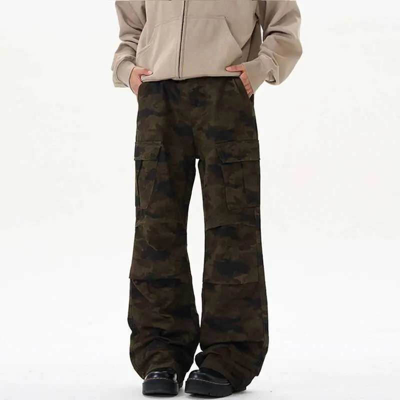 IEFB Men's Cargo Pants Pleated Loose Straight Leg Stylish New American Style Multi Pockets Design Male Handsome Bottoms 9W2028