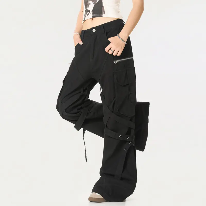 IEFB Ribbon Design Men's Cargo Pants Solid Color Zipper Patchwork Pockets Loose Bottom Straight Leg Loose Male Trousers 9W2675