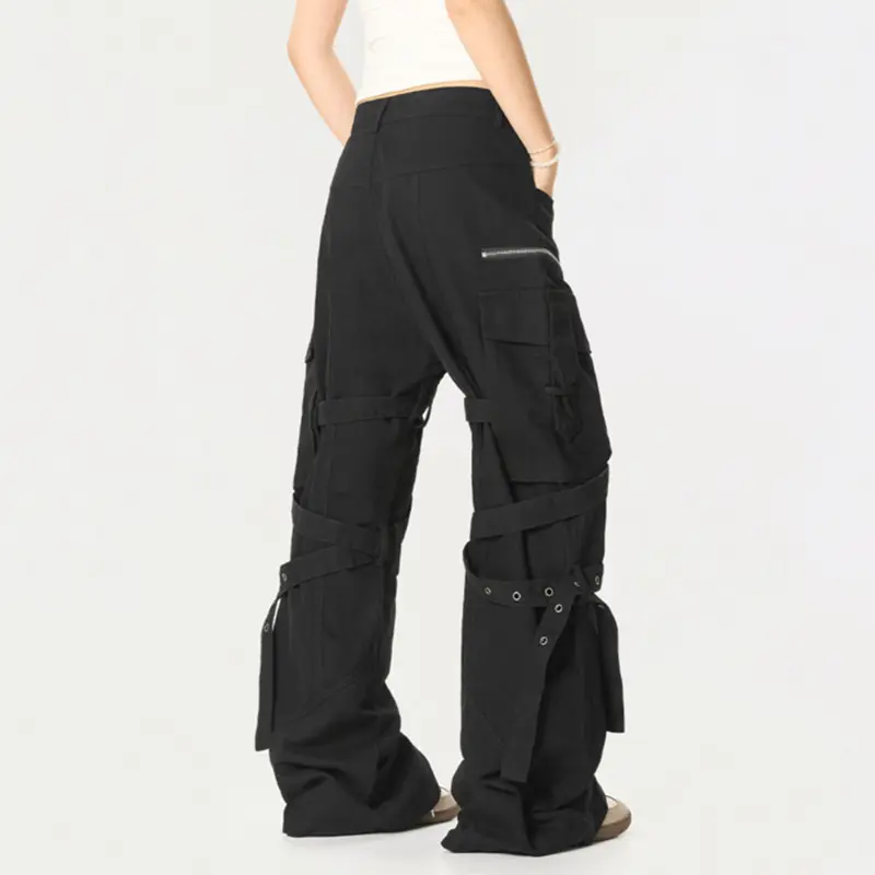 IEFB Ribbon Design Men's Cargo Pants Solid Color Zipper Patchwork Pockets Loose Bottom Straight Leg Loose Male Trousers 9W2675