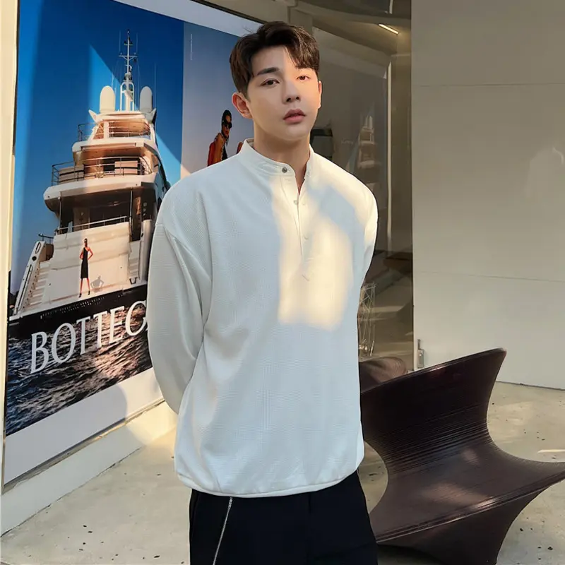 IEFB Men's Sweatshirts New Spring Simple Korean Embossed Plaid Breathable Hoodies Solid Color Half Button Decoration Tops 9W2133