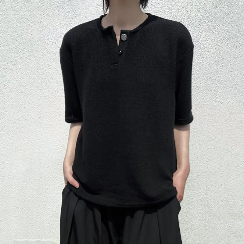 IEFB Dark Style Men's Tees Round Neck Solid Color Button Design Kniited Short Sleeved Tops Summer Pullover Male T-shirts 9W2436