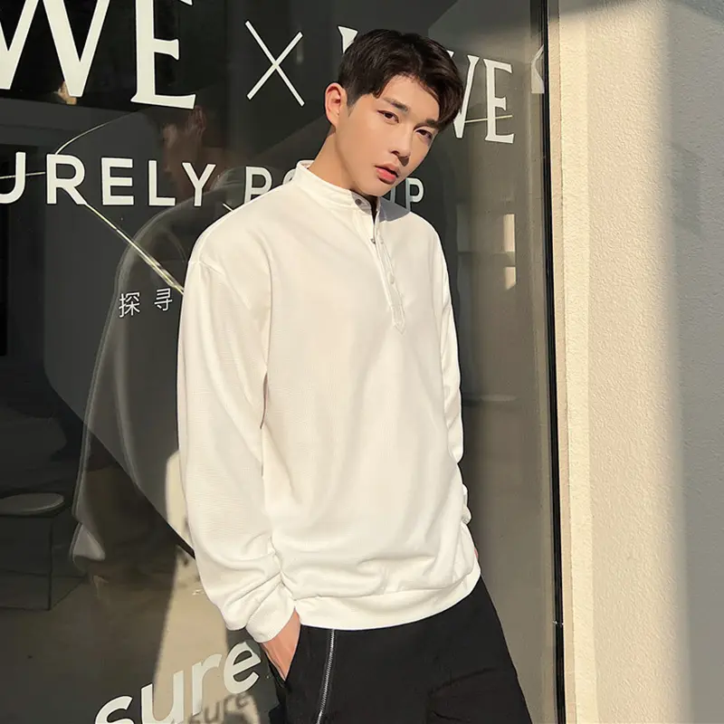 IEFB Men's Sweatshirts New Spring Simple Korean Embossed Plaid Breathable Hoodies Solid Color Half Button Decoration Tops 9W2133