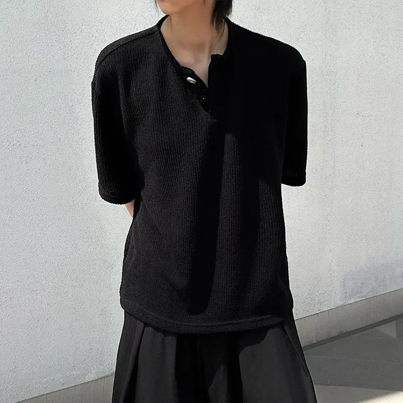 IEFB Dark Style Men's Tees Round Neck Solid Color Button Design Kniited Short Sleeved Tops Summer Pullover Male T-shirts 9W2436