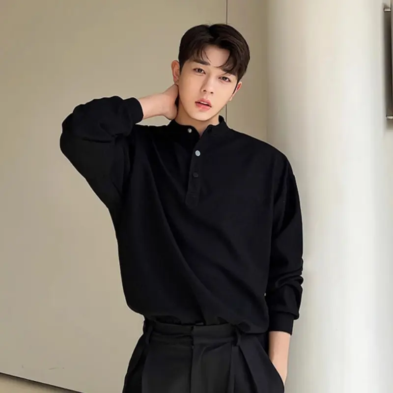 IEFB Men's Sweatshirts New Spring Simple Korean Embossed Plaid Breathable Hoodies Solid Color Half Button Decoration Tops 9W2133