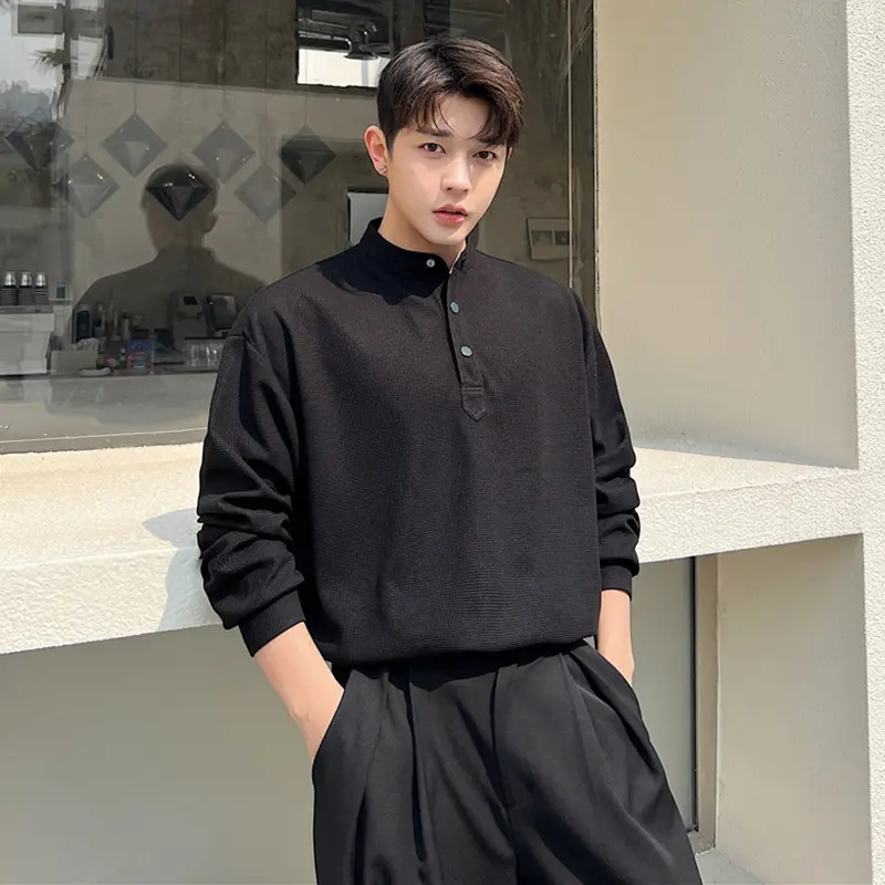 IEFB Men's Sweatshirts New Spring Simple Korean Embossed Plaid Breathable Hoodies Solid Color Half Button Decoration Tops 9W2133