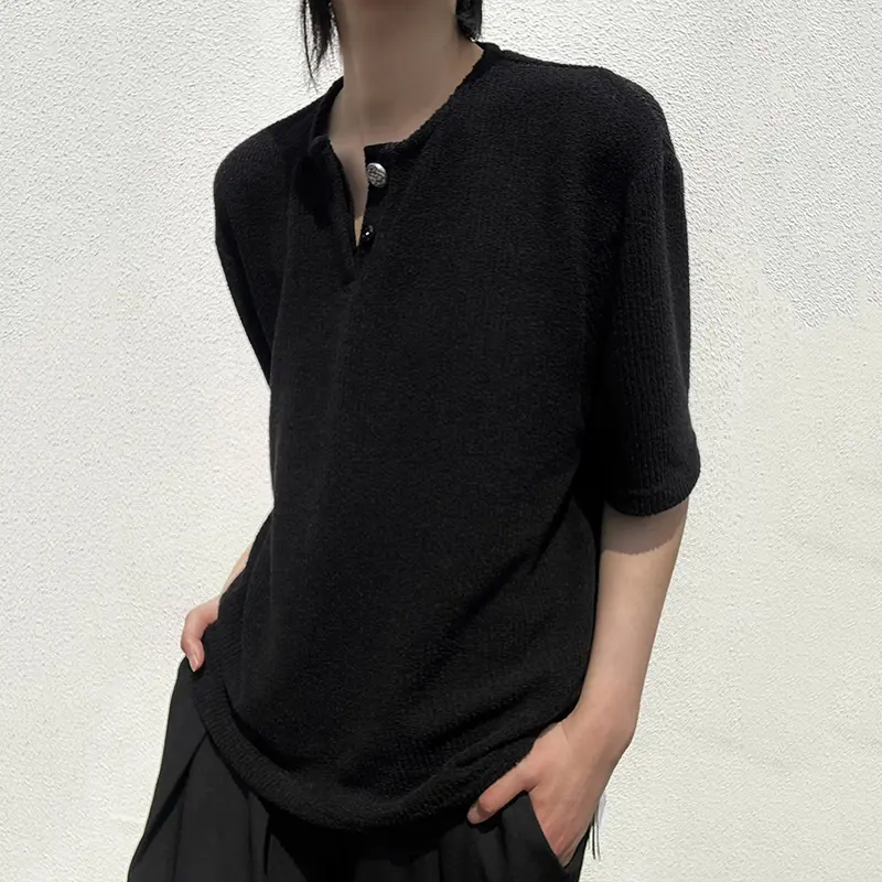 IEFB Dark Style Men's Tees Round Neck Solid Color Button Design Kniited Short Sleeved Tops Summer Pullover Male T-shirts 9W2436