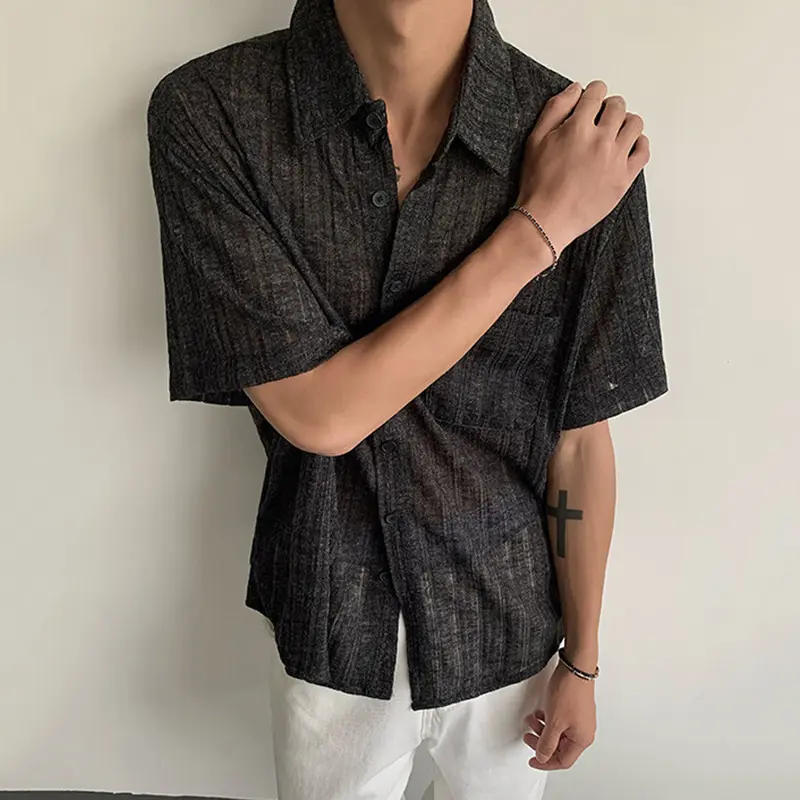 IEFB Men's Short Sleeve Shirts New Summer Striped Design Solid Color Turn-down Collar Casual Trendy Male Pockets Clothing 9W2078