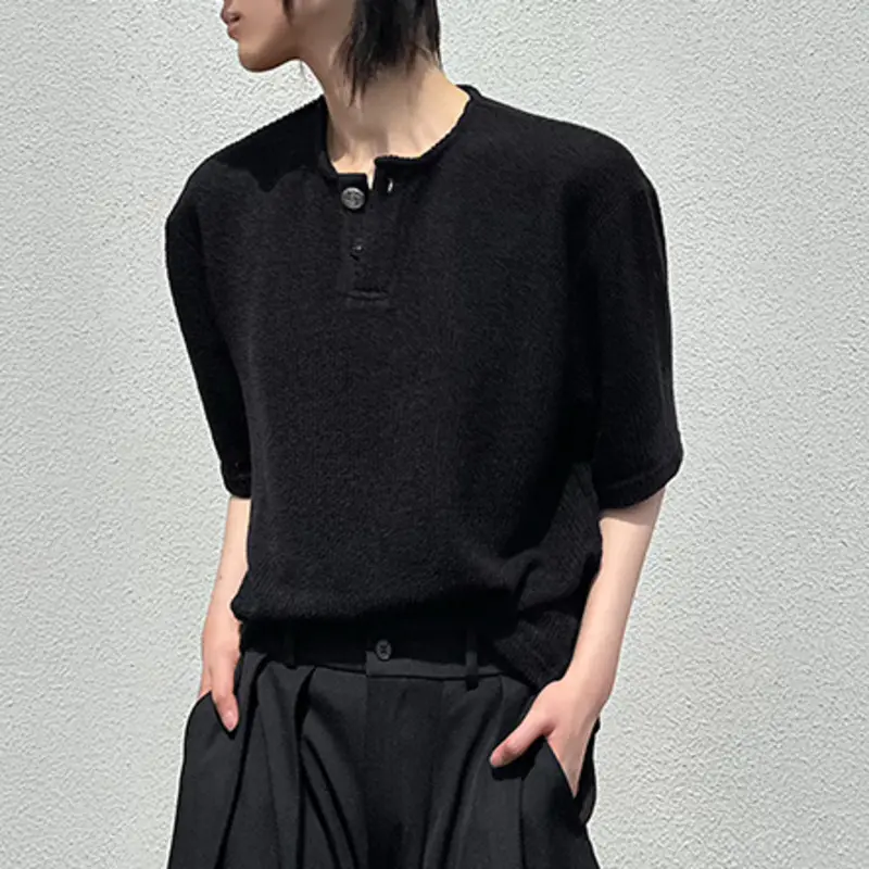 IEFB Dark Style Men's Tees Round Neck Solid Color Button Design Kniited Short Sleeved Tops Summer Pullover Male T-shirts 9W2436