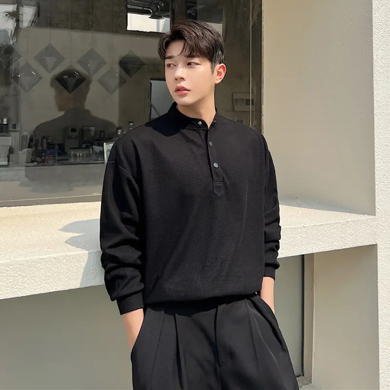 IEFB Men's Sweatshirts New Spring Simple Korean Embossed Plaid Breathable Hoodies Solid Color Half Button Decoration Tops 9W2133