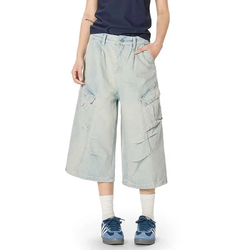 IEFB American Style Men's Denim Shorts Washing Pleated Solid Color Worn-out Loose Wide Leg Male Jeans Cleanfit  Summer 9W2463