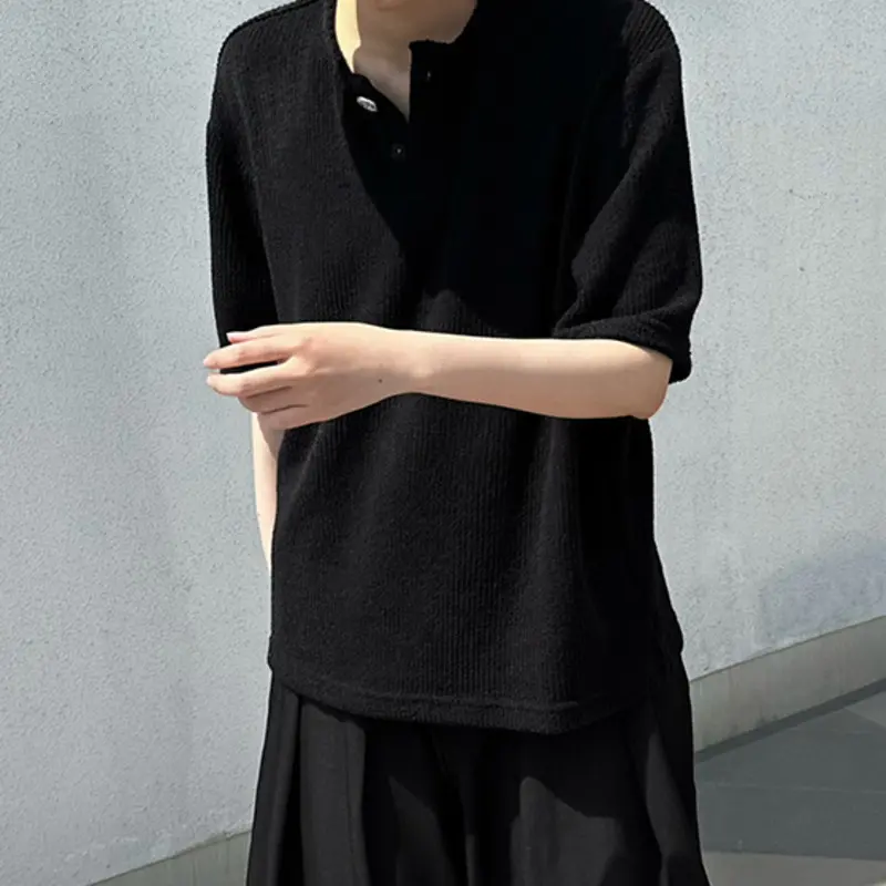IEFB Dark Style Men's Tees Round Neck Solid Color Button Design Kniited Short Sleeved Tops Summer Pullover Male T-shirts 9W2436