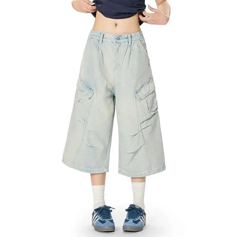 IEFB American Style Men's Denim Shorts Washing Pleated Solid Color Worn-out Loose Wide Leg Male Jeans Cleanfit  Summer 9W2463